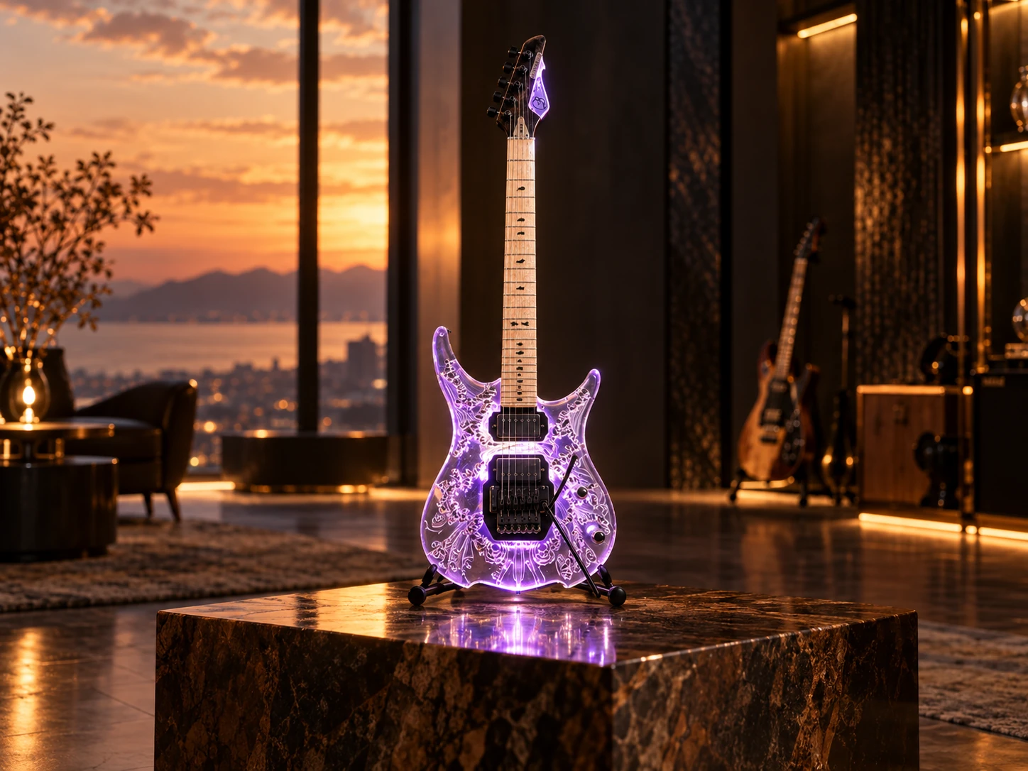 Création MYRIANCE : guitare lumineuse présentée dans un espace intérieur au coucher du soleil.
